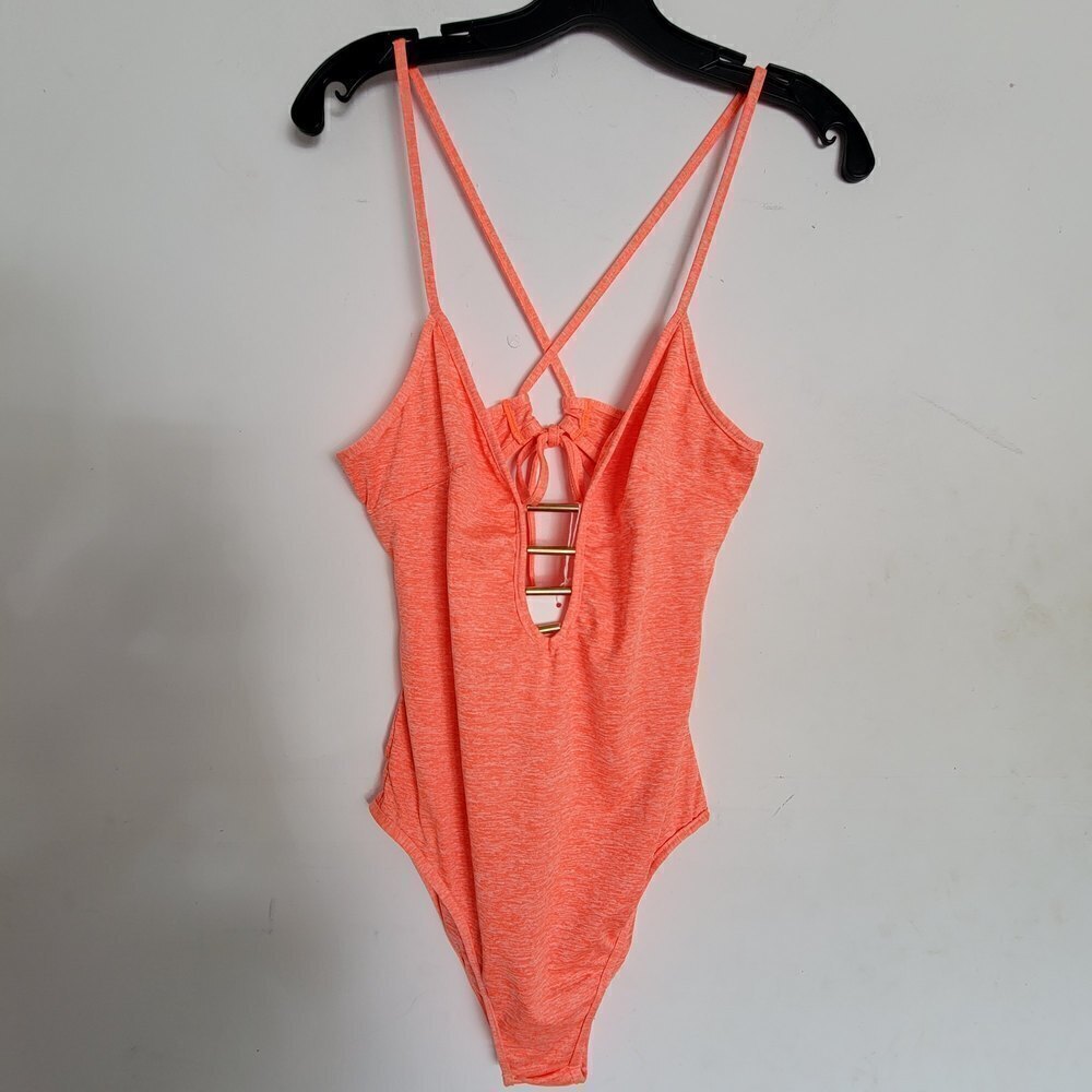 NEW Zaful Heathered Coral Orange High Cut Cross Back One Piece Bodysuit Sz Large